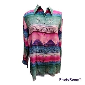 Vtg Corey B Silk shirt oversized medium tunic pink and green
